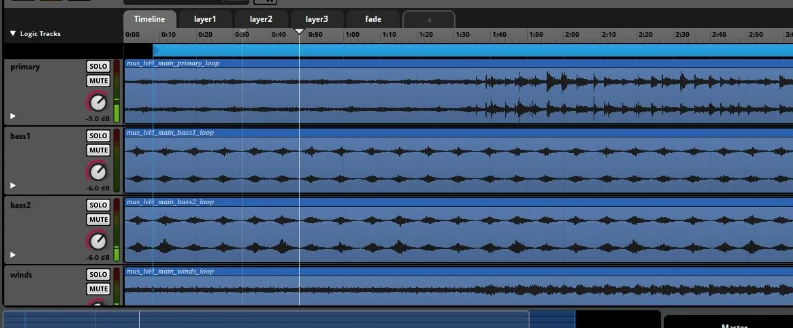 FMOD Studio에서 구성한 BGM Event의 레이어 트랙